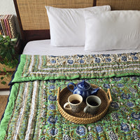 Forest Floor-Pure Mul Cotton Hand Block Printed Reversible Razai Quilt Blanket With Cotton Filling