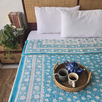 Cozy Clouds-Pure Mul Cotton Hand Block Printed Reversible Dohar Blanket With Cotton Flannel Filling