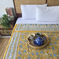 Mustard Meadow -Pure Mul Cotton Hand Block Printed Reversible Dohar Blanket With Cotton Flannel Filling