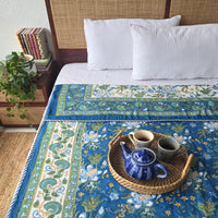 Sea Of Blue -Pure Mul Cotton Hand Block Printed Reversible Dohar Blanket With Cotton Flannel Filling