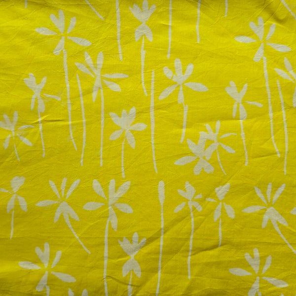 Pure Cotton Discharge Yellow With White Flowers Hand Block Print Fabric