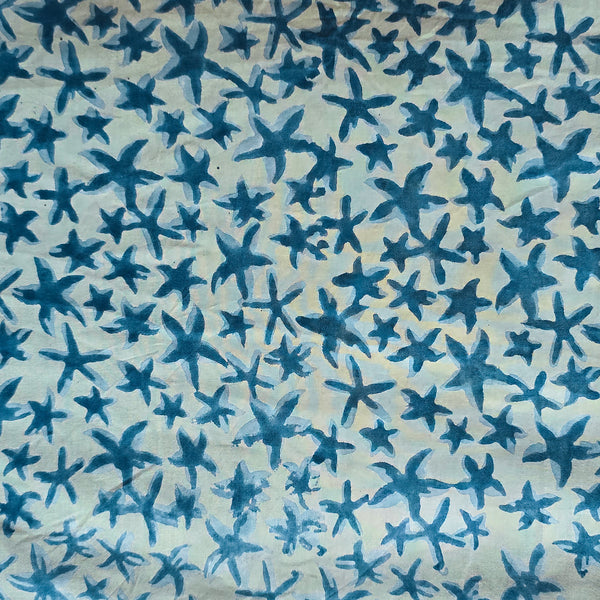 Pure Cotton Discharge Blue With StarFish  Hand Block Print Fabric