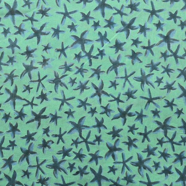 Pure Cotton Sea Green With With Blue Starfish Hand Block Print  Fabric