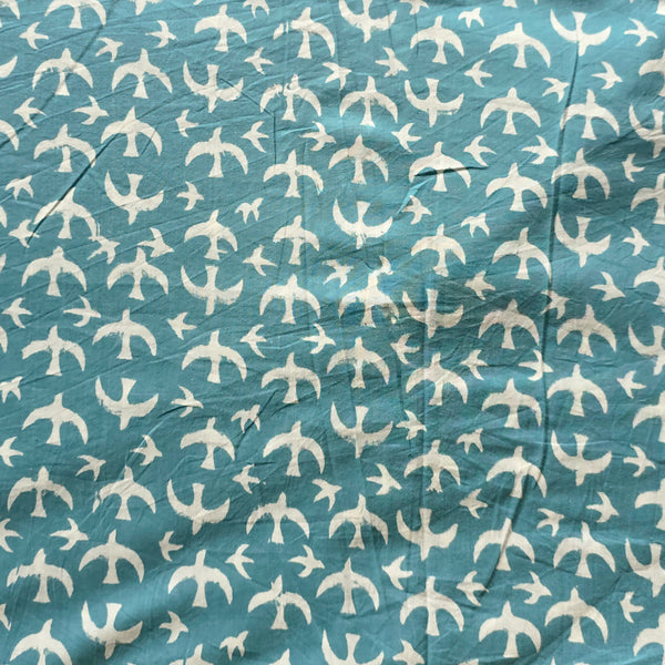 Pure Cotton Discharge Blue With White Flying Birds Hand Block Print Fabric