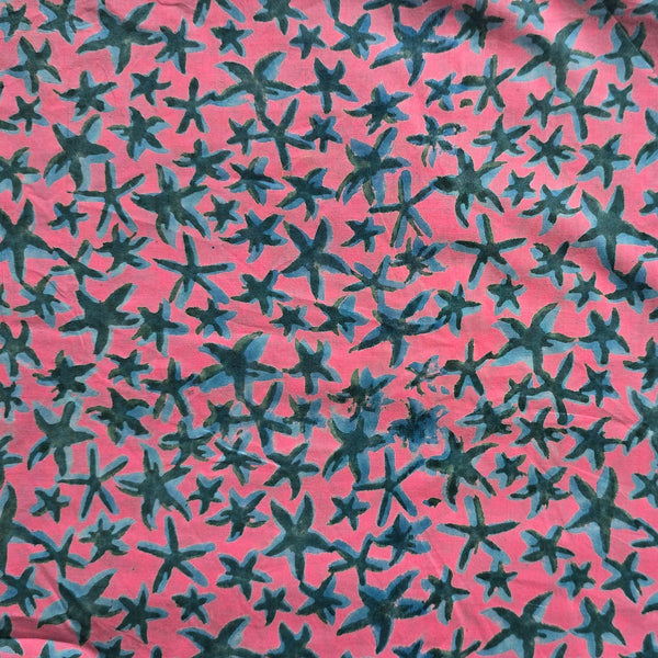 Pure Cotton Discharge Pink With Blue Starfish Hand Block Print Fabric