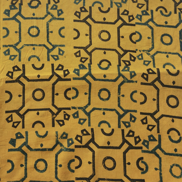 Pure Cotton Ajrak Yellow With Rust  Green  Geometric Design Hand Block Print Fabric