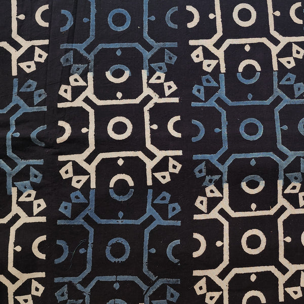 Pure Cotton Ajrak Black With Rust  Blue Geometric Design Hand Block Print Fabric