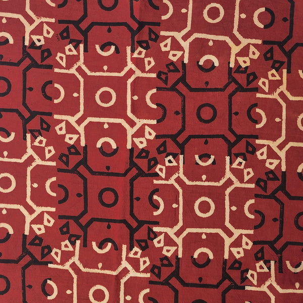 Pure Cotton Ajrak Maroon With Black And Cream Geometric Design Hand Block Print Fabric