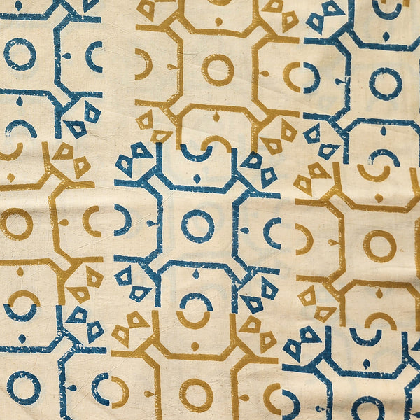 Pure Cotton Ajrak Yellow With Rust  Blue Geometric Design Hand Block Print Fabric
