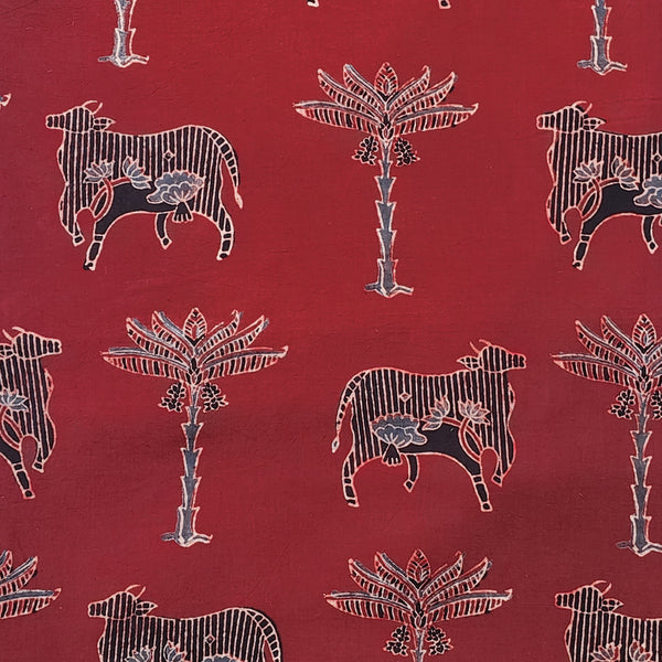 Pure Cotton Gad Ajrak Maroon With Rust Blue And Black Cow And Tree  Motif  Hand Block Print Fabric