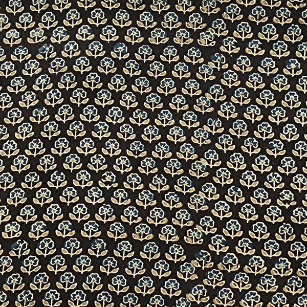 Pure Cotton Gad Ajrak Brown With Blue Tiny Flower Motif Hand Block Print Fabric
