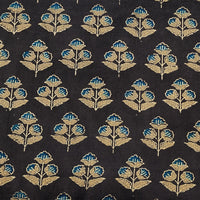 Pure Cotton Gad Ajrak  Dark Brown With Blue Flower Motif  Hand Block Print Fabric