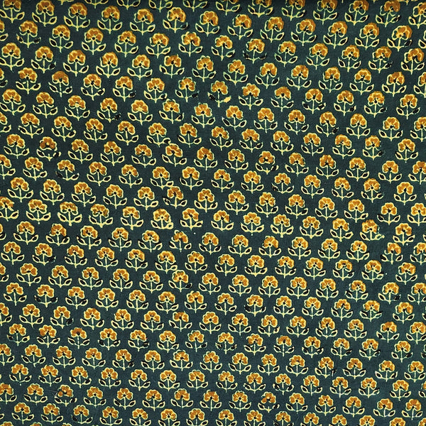 Pure Cotton Gad Ajrak Green With Yellow Tiny Flower Motif Hand Block Print Fabric
