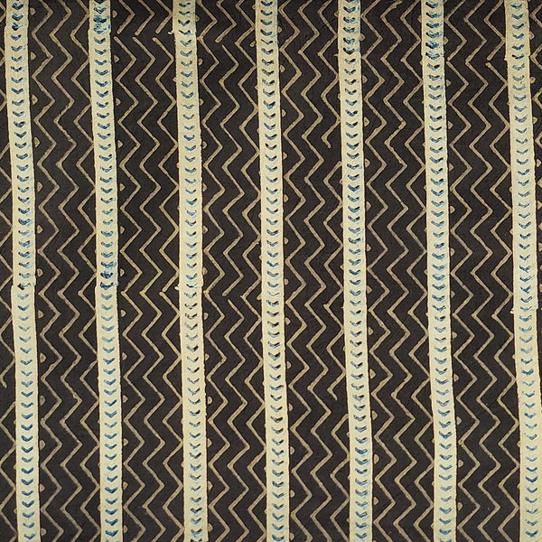 Pure Cotton Gad Ajrak Taupe With Zig Zag Border Stripes  Hand Block Print Fabric
