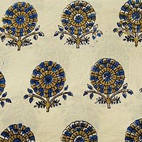 Pure Cotton Ajrak Cream With Mustard And Blue Flower Motif Hand Block Print Fabric