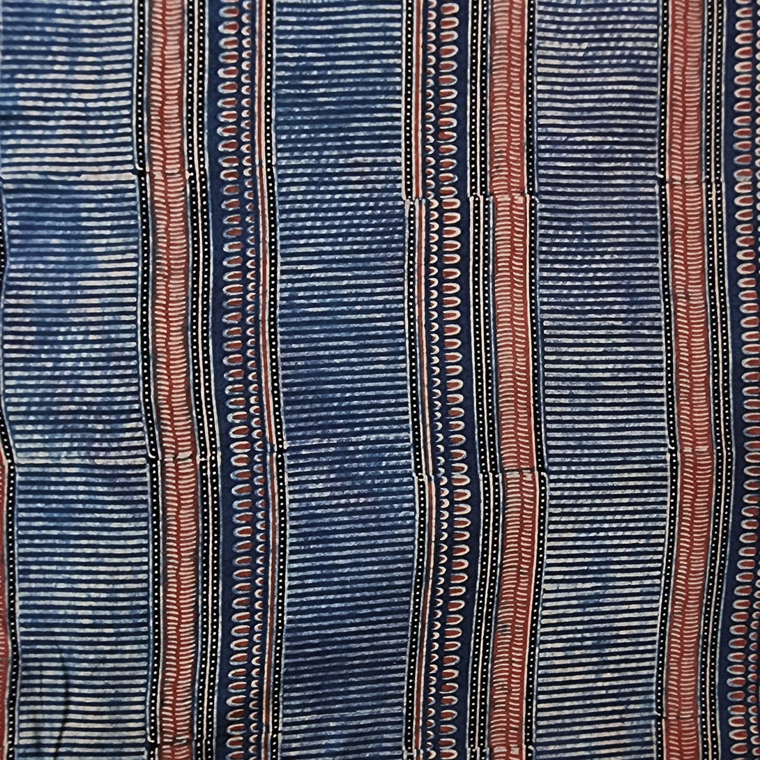 Pure Cotton Gad Ajrak Blue With Rust Red Border Stripes Hand Block Pri ...