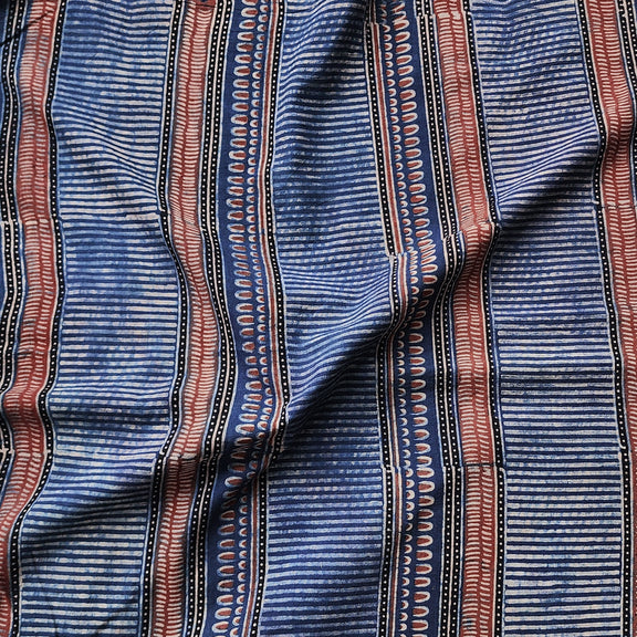 Pure Cotton Gad Ajrak Blue With Rust Red Border Stripes Hand Block Pri ...