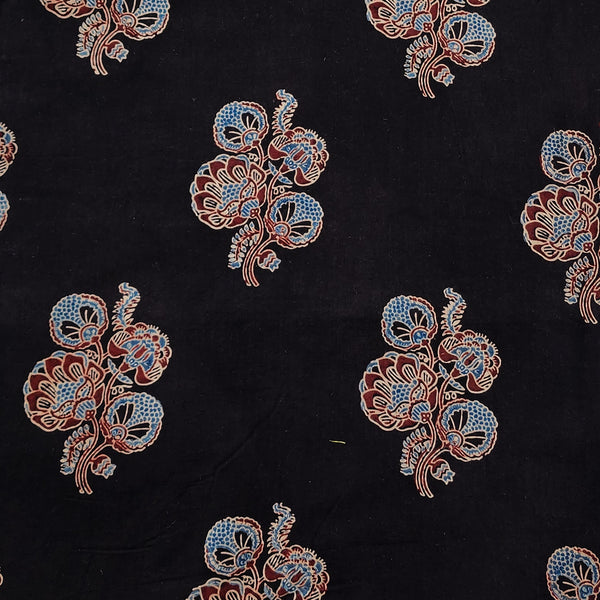 Pure Cotton Gad Ajrak Black With Rust Blue And Maroon Plant Motif  Hand Block Print Fabric