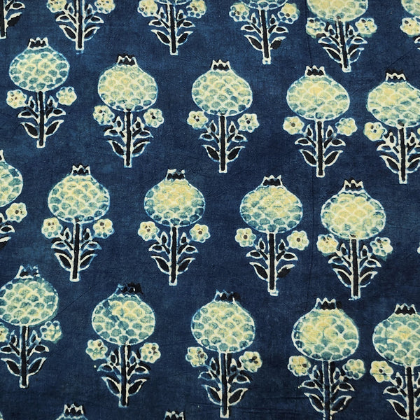 Pure Cotton Ajrak Blue With Greenish  Flower Motif Hand Block Print Fabric