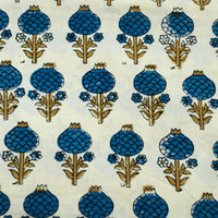 Pure Cotton Ajrak Cream With Blue Flower Motif Hand Block Print Fabric