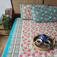 Lily Garden Morning- Pure Cotton Hand Block Printed Jaipuri Bedsheet Thread Count : 116