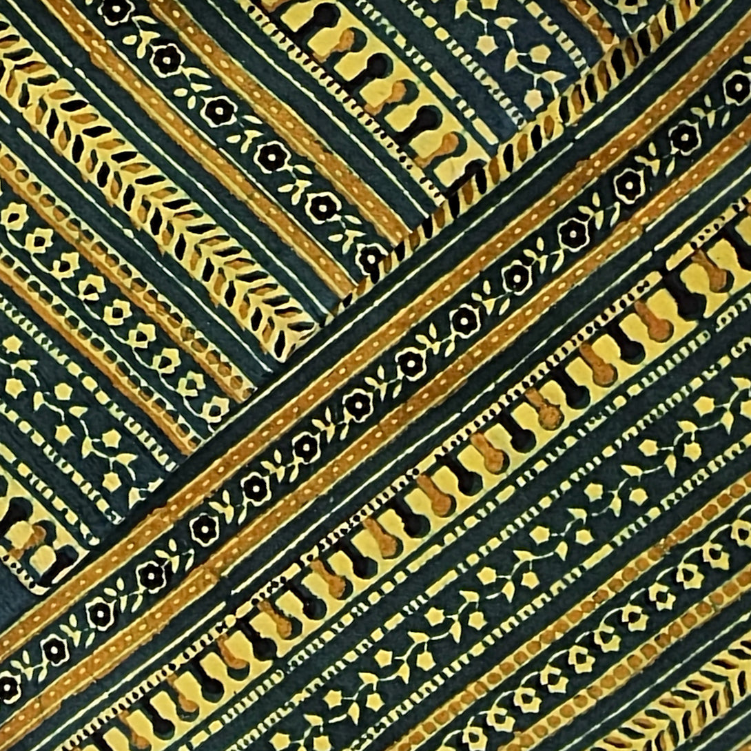 Pure Cotton Gad Ajrak Dark Green With Yellow Border Design Stripes Han ...