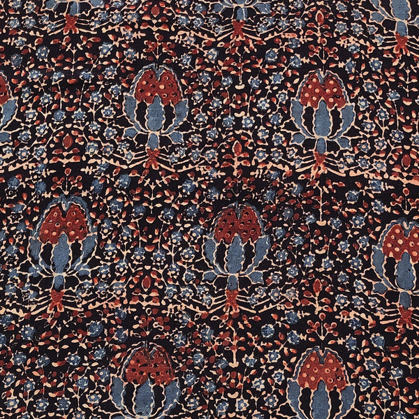 Pure Cotton Gad Ajrak Black With Rust Blue Flower And Fruit Jaal Hand Block Print Fabric