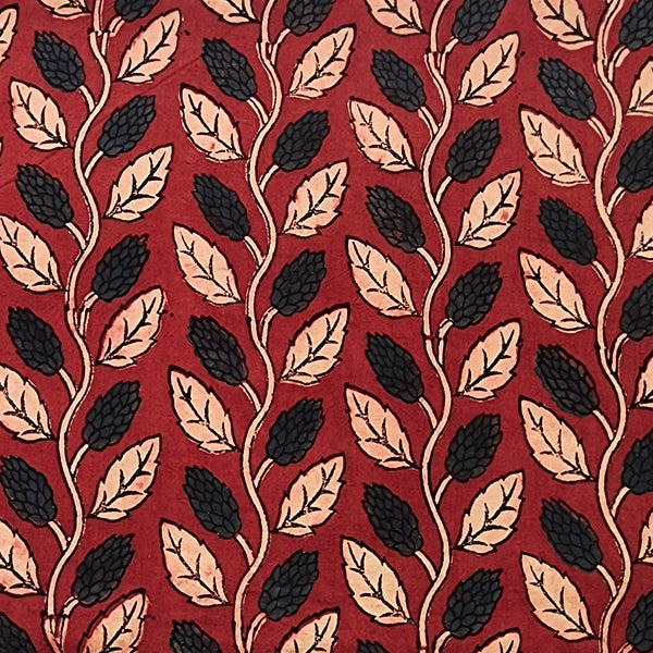 Pure Cotton Gad Ajrak Maroon With Blue Leaves Creeper Hand Block Print Fabric
