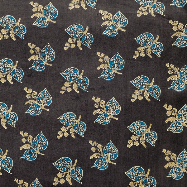 Pure Cotton Ajrak Dark Brown With Rust  Blue Flower Motif Hand Block Print Fabric
