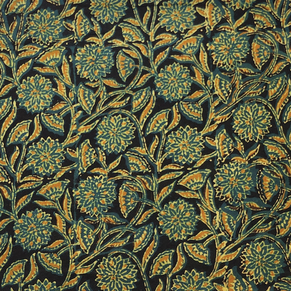 Pure Cotton Gad Ajrak Dark Green With Mustard  Flower Jaal Hand Block Print Fabric