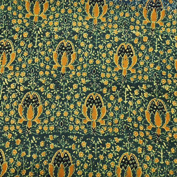 Pure Cotton Gad Ajrak Dark Green With Mustard Flower And Fruit  Jaal Hand Block Print Fabric