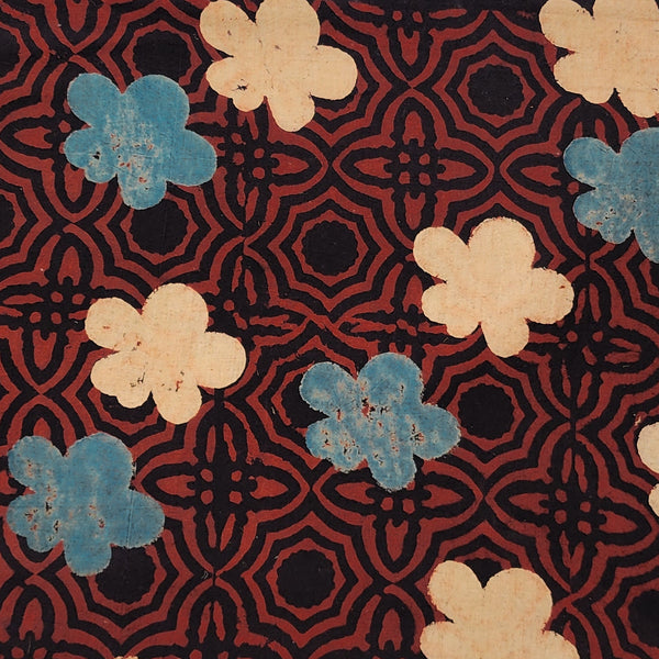 Pure Cotton Ajrak Black With Blue Flowers And Rust Red Self Design Hand Block Print Fabric