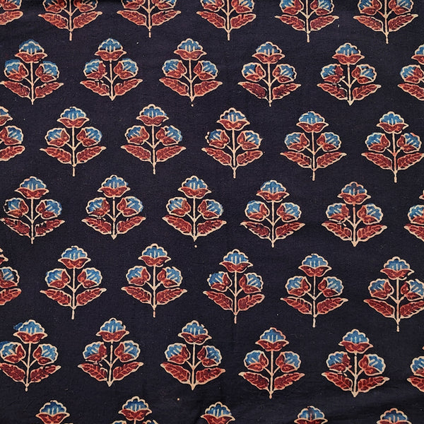 Pure Cotton Double Ajrak Black With Cream Maroon Blue Plant Hand Block Print Fabric