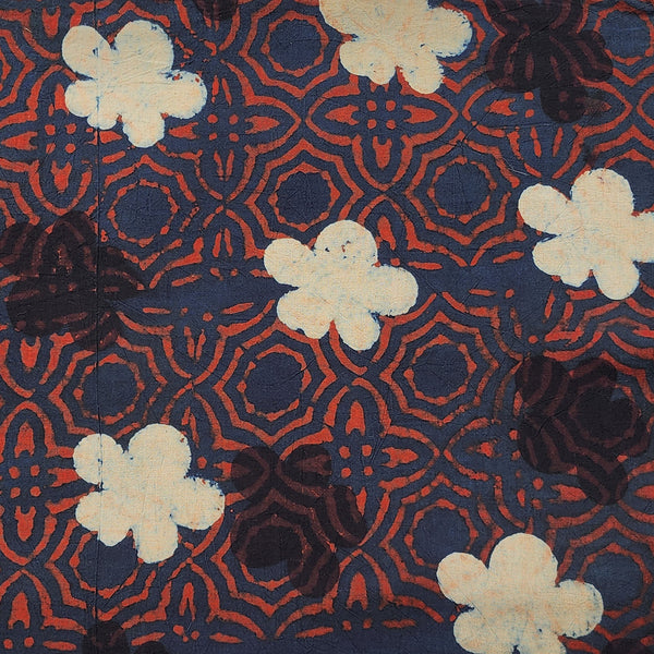 Pure Cotton Ajrak Dark Blue  with  Red Self Design And Flower Motif Hand Block Print Fabric
