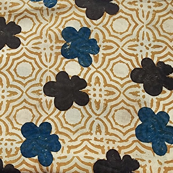Pure Cotton Ajrak Cream With Mustard Flowers And Black Self Design Hand Block Print Fabric
