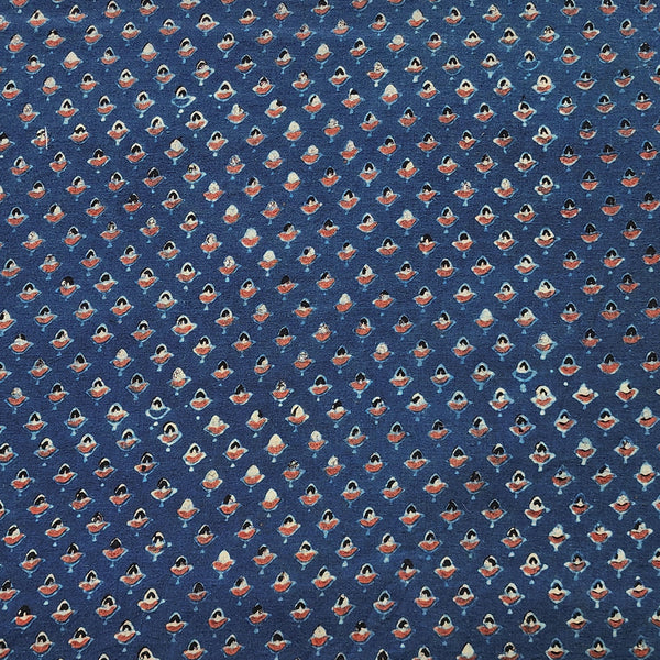 Pure Cotton Gad Ajrak  Blue With Red Tiny Flower  Motif Hand Block Print Fabric