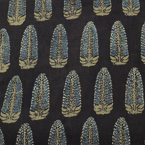 Pure Cotton Gad Ajrak Dark Brown With Blue Leaves  Motif Hand Block Print Fabric