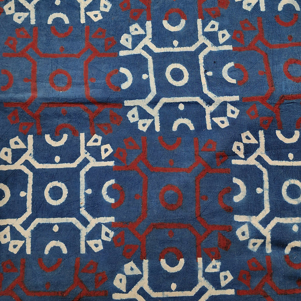 Pure Cotton Ajrak Blue With Red And Off White Tiles Design Hand Block Print Fabric