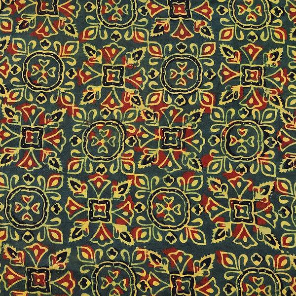 Pure Cotton Ajrak  Green with Maroon And Black Intricate Design Hand Block Print Fabric