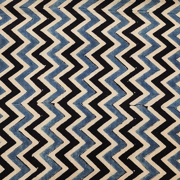 Pure Cotton Ajrak Black With  Cream And Blue Blue Zig-Zag Hand Block Print Fabric