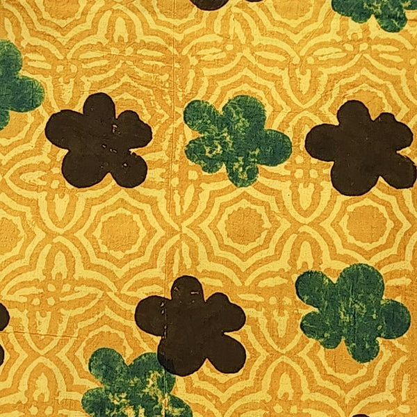 Pure Cotton  Ajrak Yellow with  Self Design And Flower Motif  Hand Block Print Fabric