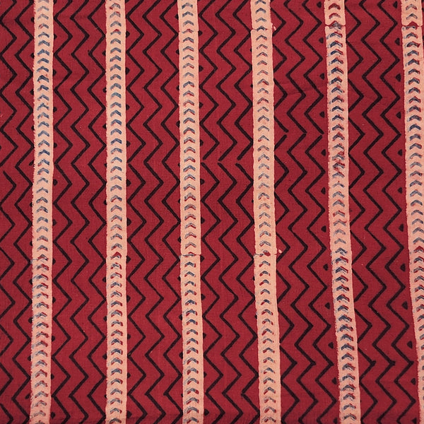 Pure Cotton Gad Ajrak Maroon With Zig Zag Stripes  Border  Hand Block Print Fabric