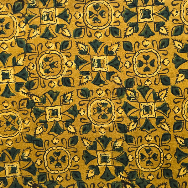 Pure Cotton Ajrak Yellow With Green Intricate Design Motif Hand Block Print Fabric