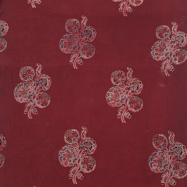 Pure Cotton Gad Ajrak Maroon With Rust Blue Plant Motif Hand Block Print Fabric