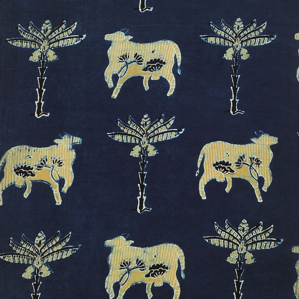 Pure Cotton Gad  Ajrak Blue With Mustard  Cow Motif Hand Block Print Fabric