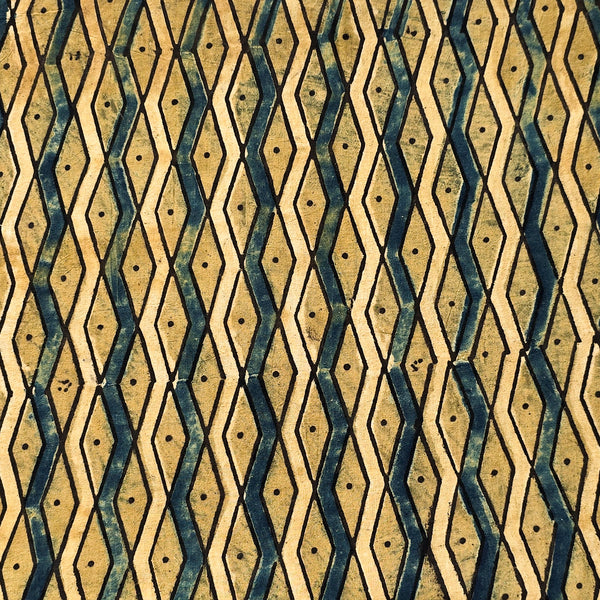 Pure Cotton Ajrak Mustard With Rust  Blue And Cream geometric pattern Hand Block Print Fabric