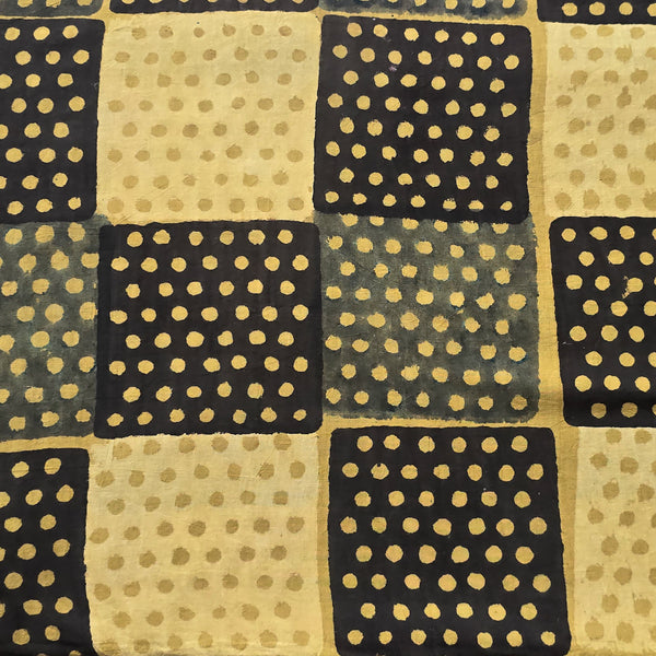 Pure Cotton Ajrak Mustard With Black And Rust Cream Dotted  Blocks Hand Block Print Fabric