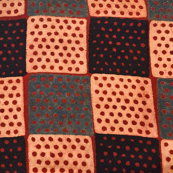 Pure Cotton Ajrak Maroon With Black And Rust Blue Dotted Blocks Hand Block Print Fabric