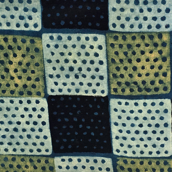 Pure Cotton Ajrak Rust Blue With Black And Cream  Dotted Blocks Hand Block Print Fabric