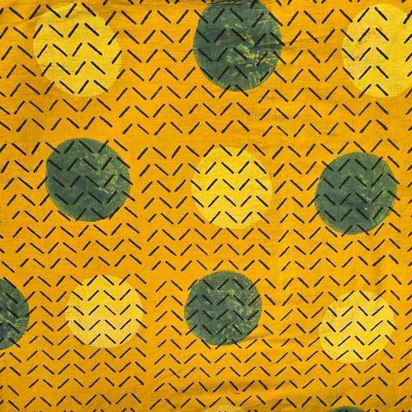 Pure Cotton Ajrak Yellow With Self  Design And Big Circle Motif  Hand Block Print Fabric